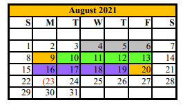 District School Academic Calendar for Asherton Elementary for August 2021