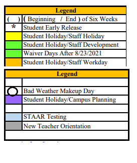 District School Academic Calendar Legend for Asherton Elementary