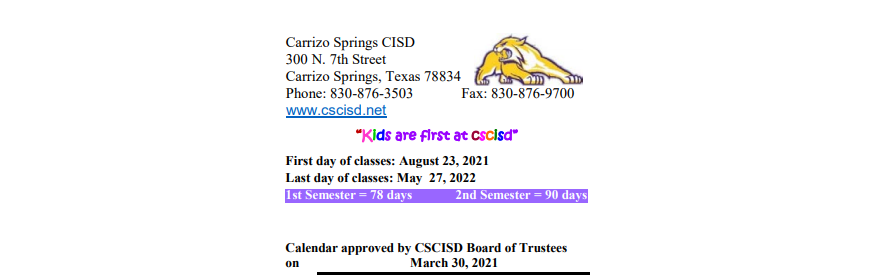 District School Academic Calendar for Carrizo Springs Junior High