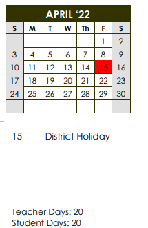 District School Academic Calendar for Davis Elementary for April 2022