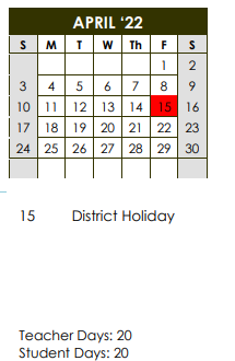 District School Academic Calendar for Salazar Alternative Education Prog for April 2022