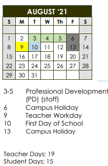 District School Academic Calendar for Early College High School for August 2021