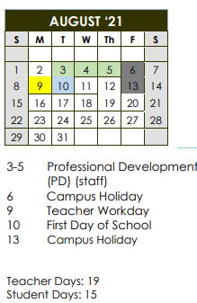 District School Academic Calendar for Salazar Alternative Education Prog for August 2021