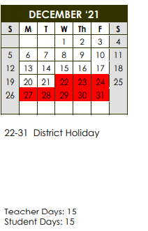 District School Academic Calendar for Bush Middle School for December 2021