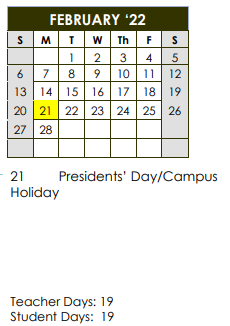 District School Academic Calendar for Smith High School for February 2022