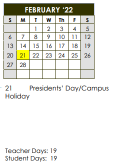 District School Academic Calendar for Salazar Alternative Education Prog for February 2022