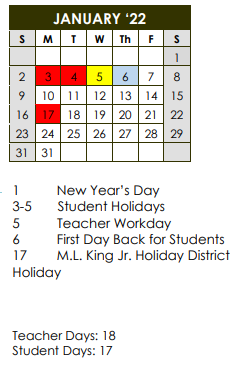 District School Academic Calendar for Creekview High School for January 2022