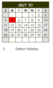 District School Academic Calendar for Riverchase Elementary for July 2021