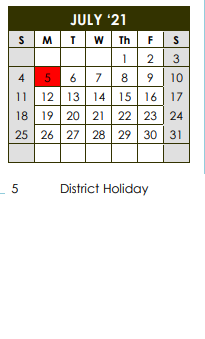 District School Academic Calendar for Salazar Alternative Education Prog for July 2021