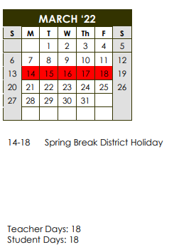 District School Academic Calendar for Salazar Alternative Education Prog for March 2022