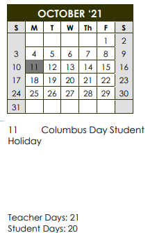 District School Academic Calendar for Kelly Pre-kindergarten Center for October 2021