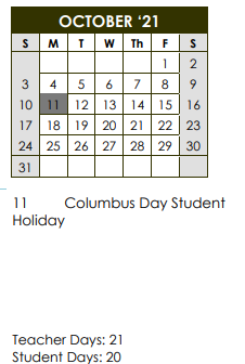 District School Academic Calendar for Salazar Alternative Education Prog for October 2021