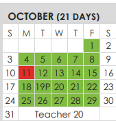 District School Academic Calendar for T R U C E Learning Ctr for October 2021