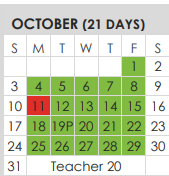 District School Academic Calendar for Tarrant Co J J A E P for October 2021