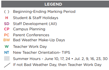 District School Academic Calendar Legend for Bessie Coleman Middle School