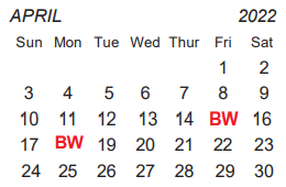 District School Academic Calendar for Collin Co J J A E P for April 2022