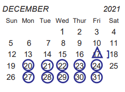 District School Academic Calendar for Collin Co J J A E P for December 2021