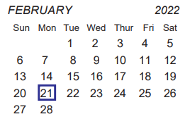 District School Academic Calendar for Collin Co J J A E P for February 2022