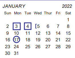 District School Academic Calendar for Collin Co J J A E P for January 2022