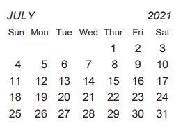 District School Academic Calendar for Collin Co J J A E P for July 2021