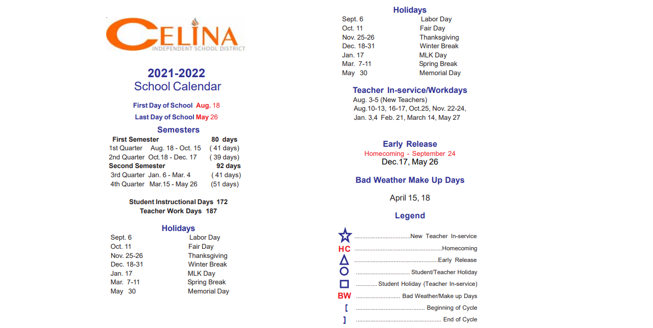 District School Academic Calendar Key for Celina Junior High