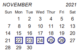 District School Academic Calendar for Collin Co J J A E P for November 2021