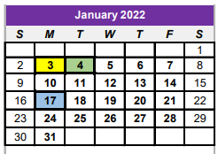 District School Academic Calendar for Center Elementary for January 2022