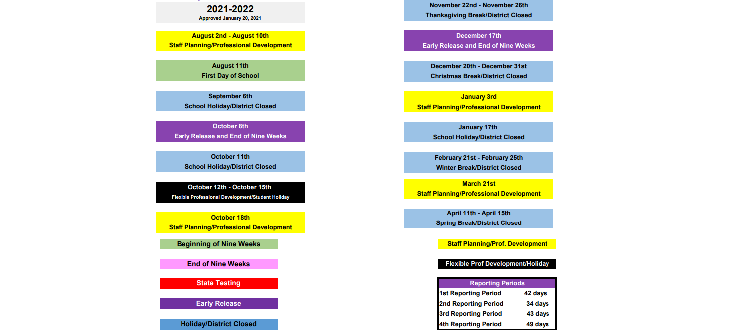 District School Academic Calendar Key for F L Moffett Pri