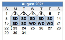 District School Academic Calendar for Center Point Residential Treatment for August 2021