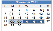 District School Academic Calendar for Center Point Elementary for November 2021