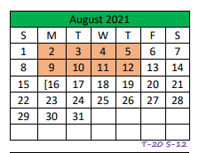 District School Academic Calendar for Central Junior High for August 2021