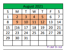 District School Academic Calendar for Central Elementary for August 2021