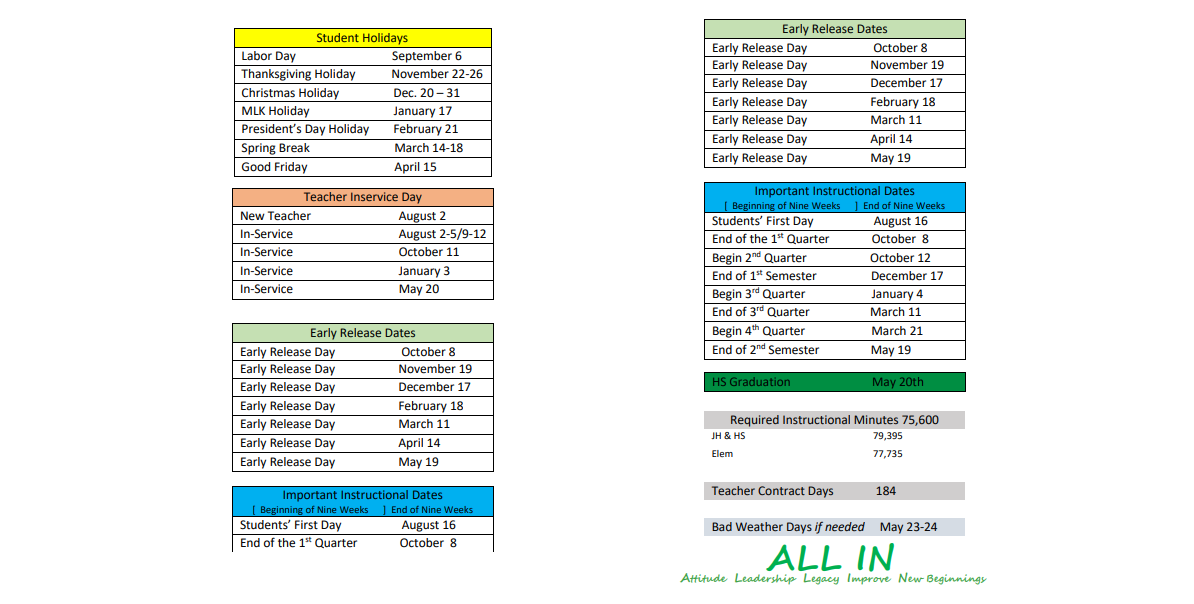 District School Academic Calendar Key for Central Junior High