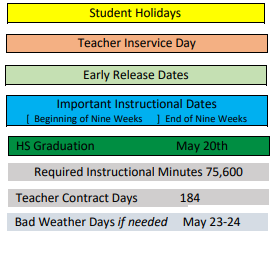 District School Academic Calendar Legend for Central Junior High