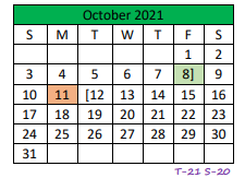 District School Academic Calendar for Central Junior High for October 2021