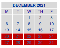 District School Academic Calendar for Jjaep Disciplinary School for December 2021