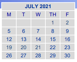 District School Academic Calendar for Alice Johnson Junior High for July 2021