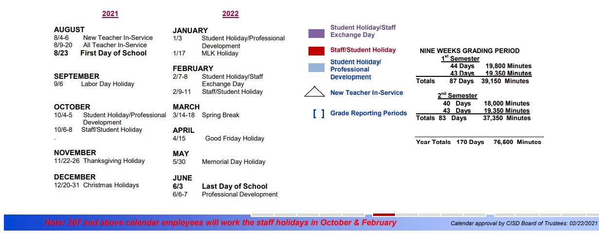 Channelview High School School District Instructional Calendar