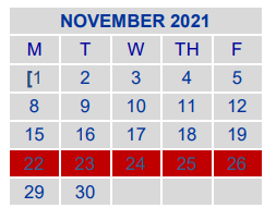 District School Academic Calendar for Jjaep Disciplinary School for November 2021