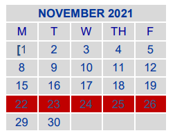 District School Academic Calendar for B H Hamblen Elementary for November 2021