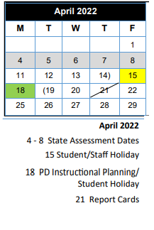 District School Academic Calendar for Wings for April 2022