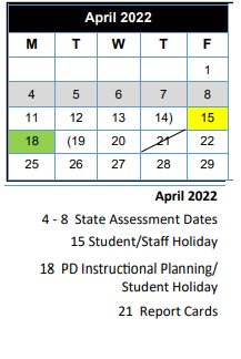 District School Academic Calendar for Smith Co J J A E P for April 2022