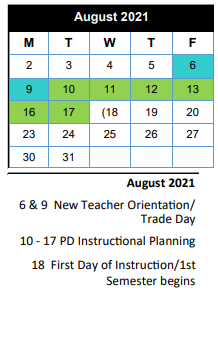 District School Academic Calendar for Wings for August 2021