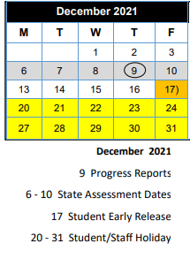District School Academic Calendar for W L Kissam Int for December 2021