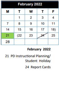 District School Academic Calendar for Wise El for February 2022