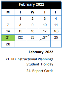 District School Academic Calendar for Smith Co J J A E P for February 2022