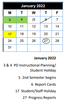 District School Academic Calendar for Wise El for January 2022