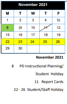 District School Academic Calendar for Wings for November 2021