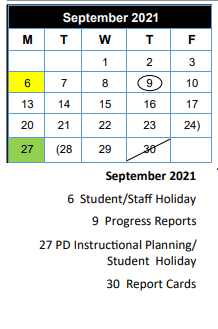 District School Academic Calendar for W L Kissam Int for September 2021
