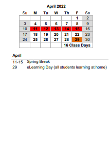 District School Academic Calendar for Oakland Elem for April 2022